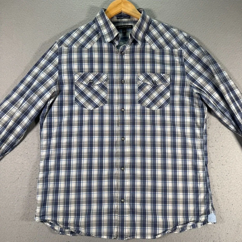 Banana Republic Pearl Snap Shirt‎ Mens Large Blue Plaid Flap Pockets Comfort